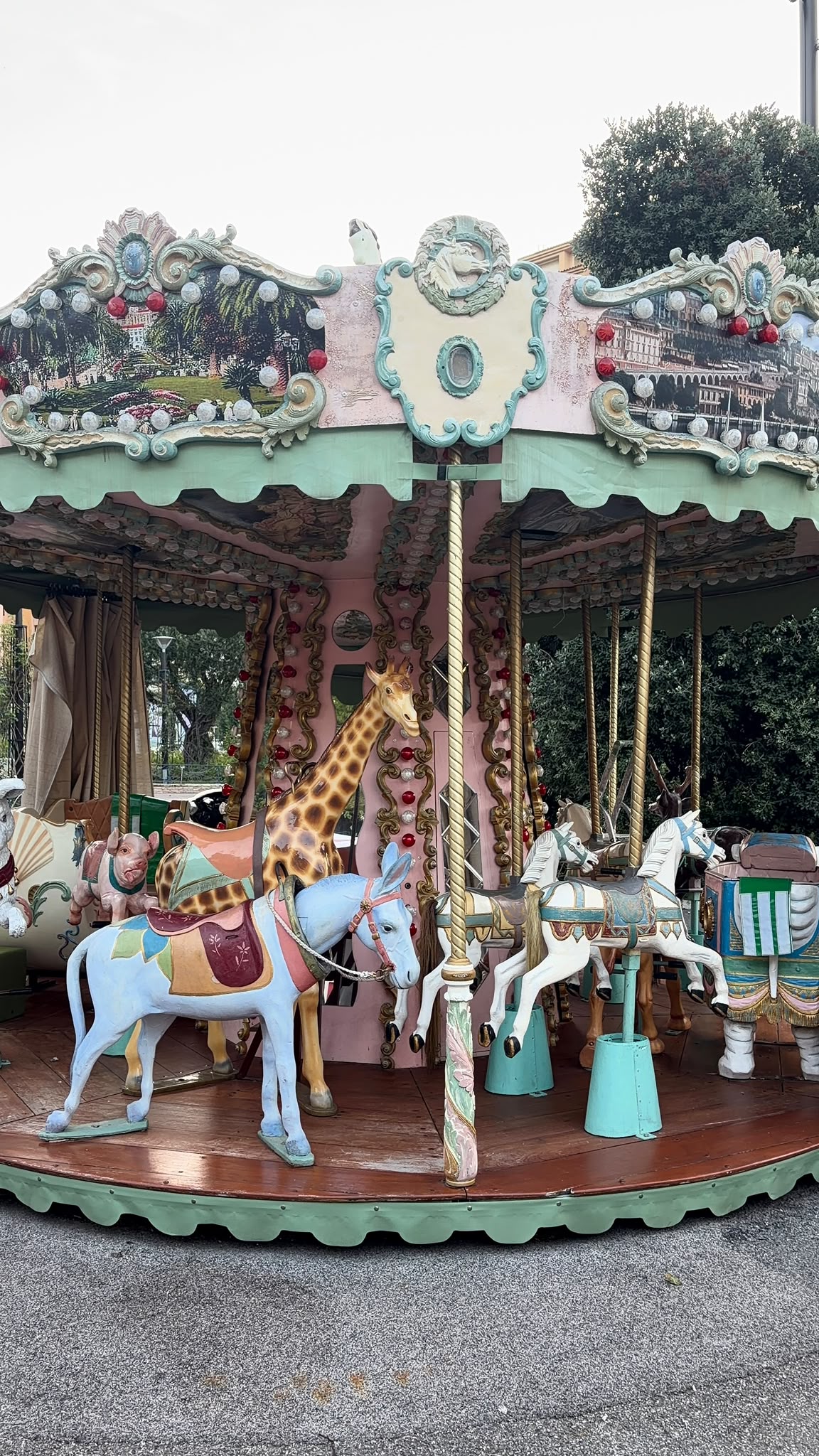 Carrousel des Roses avec girafe et chevaux de bois colorés