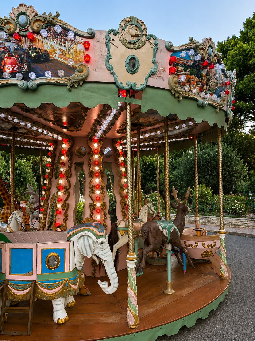 Carrousel des Roses détail éléphant, cerf et panneaux décoratifs