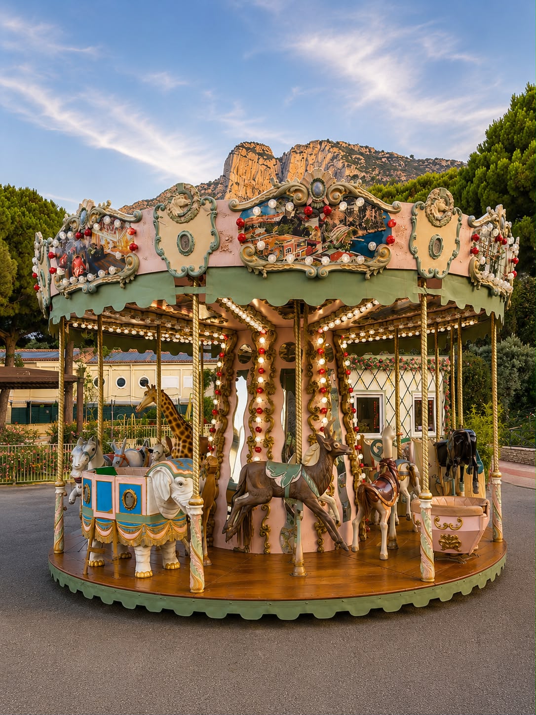 Carrousel des Roses vue complète avec montagne en arrière-plan